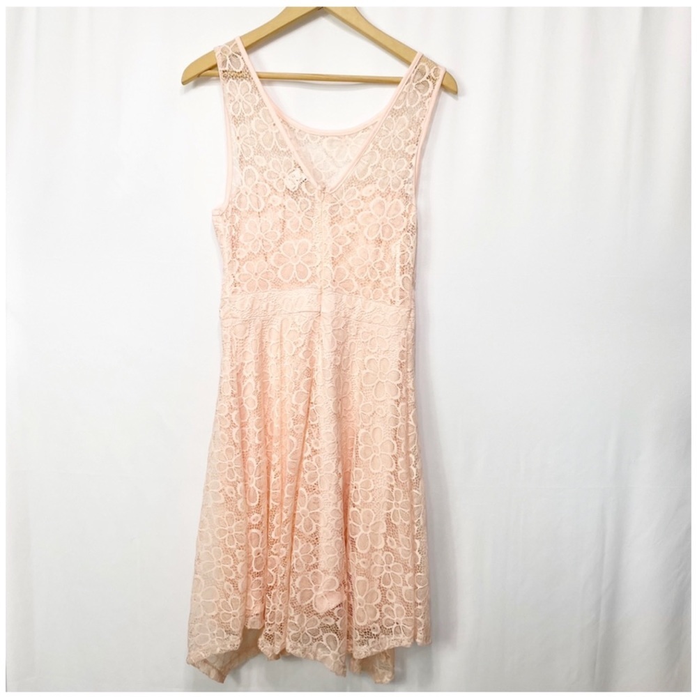 Doll Fins-Peach lace overlay W Lace sheer back dress L - Picture 4 of 9